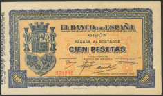 100 Pesetas. Banco de Gijón. Septiembre de 1937. Sin serie. (Edifil 2017: 399). Tonalizado y con su apresto original. SC-.