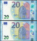 20 Euros. 25 de Noviembre de 2015. Firma Draghi. Serie U (Francia). Pareja correlativa (cabe recordar que el último dígito de todos los billetes denom...