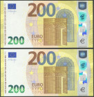 200 Euros. 2019. Firma Draghi. Serie N (Austria). Pareja correlativa (cabe recordar que el último dígito de todos los billetes denominados en euros es...