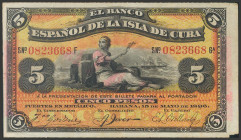 BANCO ESPAÑOL DE LA ISLA DE CUBA. 5 Pesetas. 15 de Agosto de 1896. Sobrecarga "Plata", en el reverso. (Edifil 2017: 81). MBC+.