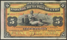 BANCO ESPAÑOL DE LA ISLA DE CUBA. 5 Pesos. 15 de Mayo de 1896. Serie F y sobrecarga "Plata", invertida. (Edifil 2017: 81). Inusual. MBC.