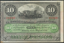 BANCO ESPAÑOL DE LA ISLA DE CUBA. 10 Pesos. 15 de Mayo de 1896. Sobrecarga PLATA. Serie E. (Edifil 2017: 82). Conserva gran parte del apresto original...