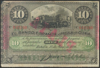 BANCO ESPAÑOL DE LA ISLA DE CUBA. 10 Pesos. 15 de Mayo de 1896. Serie E y sobrecarga "Plata". (Edifil 2017: 82). MBC.