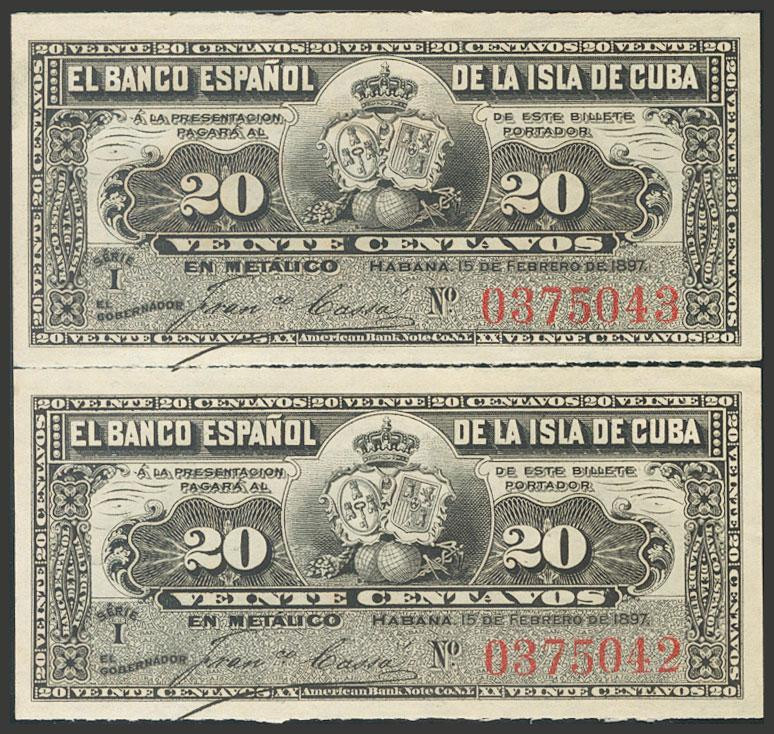 BANCO ESPAÑOL DE LA ISLA DE CUBA. 20 Centavos. 15 de Febrero de 1897. Pareja cor...