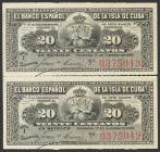 BANCO ESPAÑOL DE LA ISLA DE CUBA. 20 Centavos. 15 de Febrero de 1897. Pareja correlativa. Serie I. (Edifil 2017: 85). SC-.