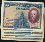 Conjunto de 9 billetes de 25 Pesetas, emitidos el 15 de Agosto de 1928 con las series B y D. (Edifil 2017: 353). MBC-/BC-.