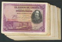 Conjunto de 68 billetes de 50 Pesetas emitidos el 15 de Agosto de 1928, sin serie y con diferentes series, conservaciones bajas o muy bajas. A EXAMINA...