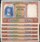 Conjunto de 6 billetes de 100 Pesetas emitidos el 25 de Abril de 1931, sin serie (Edifil 2017: 361), presenta gran parte del apresto original. EBC/MBC...