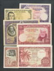 Conjunto de 6 billetes del Banco de España, incluyendo uno de Guinea Ecuatorial de 1969, diferentes estados de conservación. A EXAMINAR.