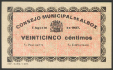ALBOX (ALMERIA). 25 Céntimos. 5 de Agosto de 1937. Sin sello, sin firmas del presidente y del depositario. (González: 238). SC.