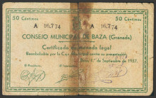 BAZA (GRANADA). 50 Céntimos. 1 de Septiembre de 1937. Serie A. (González: 906). Presencia de cinta adhesiva uniendo el billete. RC-.