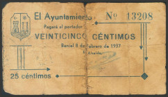 BENIEL (MURCIA). 25 Céntimos. 8 de Febrero de 1937. (González: 1096). Raro y cosido. RC.