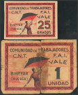 BINEFAR (HUESCA). 25 Grados y 1 Unidad. (1937ca). (González: 1217, 1219). Raros, el 1 Unidad unido con cinta adhesiva. EBC+/RC-.