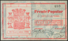 CAÑETE DE LAS TORRES (CORDOBA). 25 Pesetas. 10 de Septiembre de 1936. (González: 1597). Muy raro. EBC.