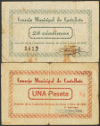 CASTELLOTE (TERUEL). 25 Céntimos y 1 Peseta. 5 de Septiembre de 1937. (González: 1791, 1793). Inusuales. MBC.