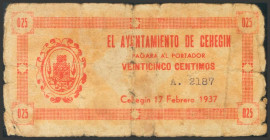 CEHEGIN (MURCIA). 25 Céntimos. 17 de Febrero de 1937. Serie A. (González: 1876). Inusual. RC.