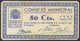 FONZ (HUESCA). 50 Céntimos. Agosto 1937. (González: 2477). Inusual. MBC.