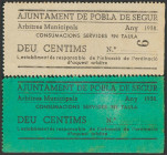 Conjunto de 2 vales de 10 Céntimos emitidos en 1938 en Pobla de Segur (Lérida), sobre el mantenimiento del Servicio Público. EBC+.