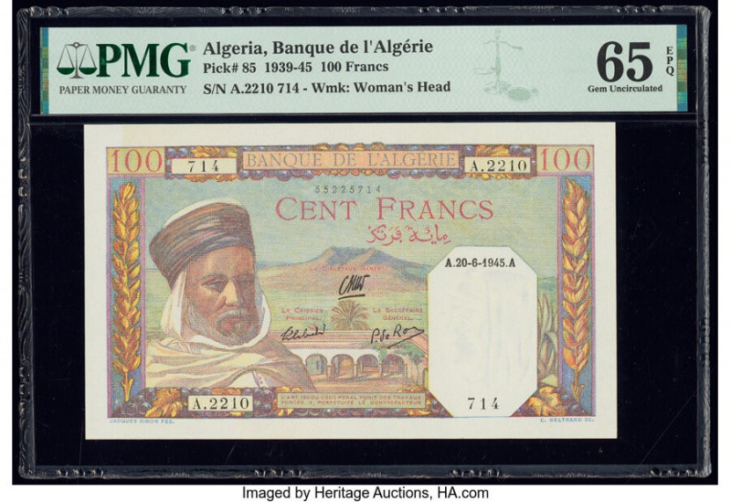 Algeria Banque de l'Algerie 100 Francs 20.6.1945 Pick 85 PMG Gem Uncirculated 65...