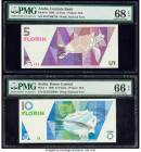 Aruba Centrale Bank 5; 10; 25 Florin 1990 (2); 1993 Pick 6; 7; 12 Three Examples PMG Superb Gem Unc 68 EPQ; Gem Uncirculated 66 EPQ; Superb Gem Unc 67...