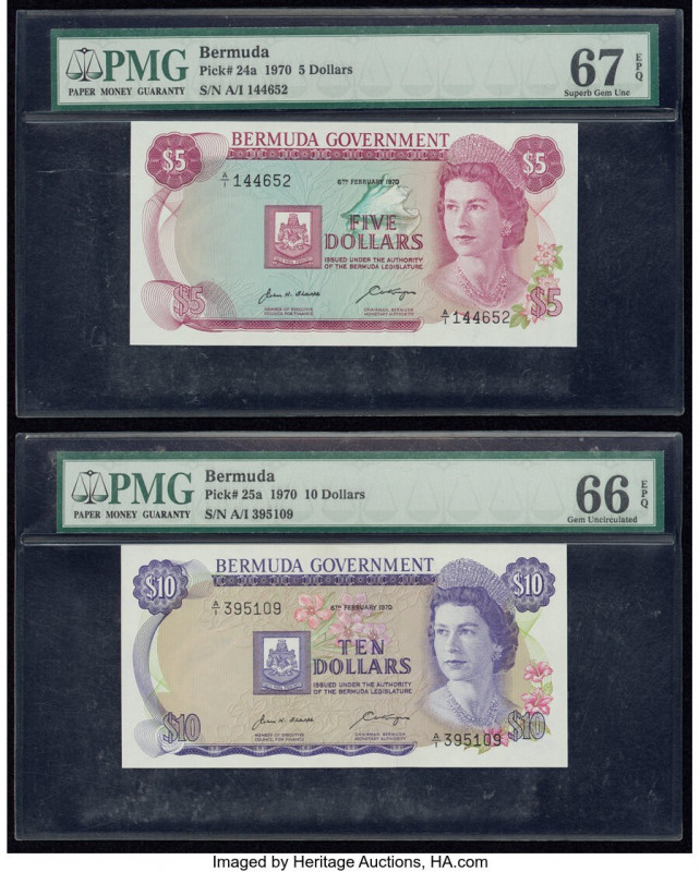 Bermuda Bermuda Government 5; 10 Dollars 6.2.1970 Pick 24a; 25a Two Examples PMG...