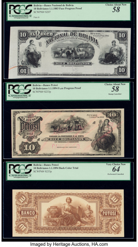 Bolivia Group of 2 Progress Proofs and 1 Color Trial PCGS Very Choice New 64; Ch...