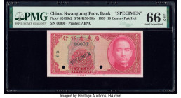 China Kwangtung Provincial Bank 10 Cents 1935 Pick S2436s2 S/M#K56-30b Specimen PMG Gem Uncirculated 66 EPQ. Specimen overprints and two POCs are visi...