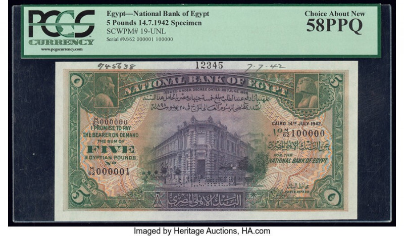 Egypt National Bank of Egypt 5 Pounds 14.7.1942 Pick 19s Specimen PCGS Choice Ab...