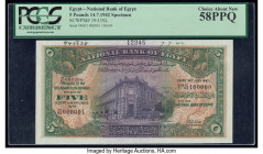 Egypt National Bank of Egypt 5 Pounds 14.7.1942 Pick 19s Specimen PCGS Choice About New 58PPQ. A roulette Specimen and printers annotations are noted....