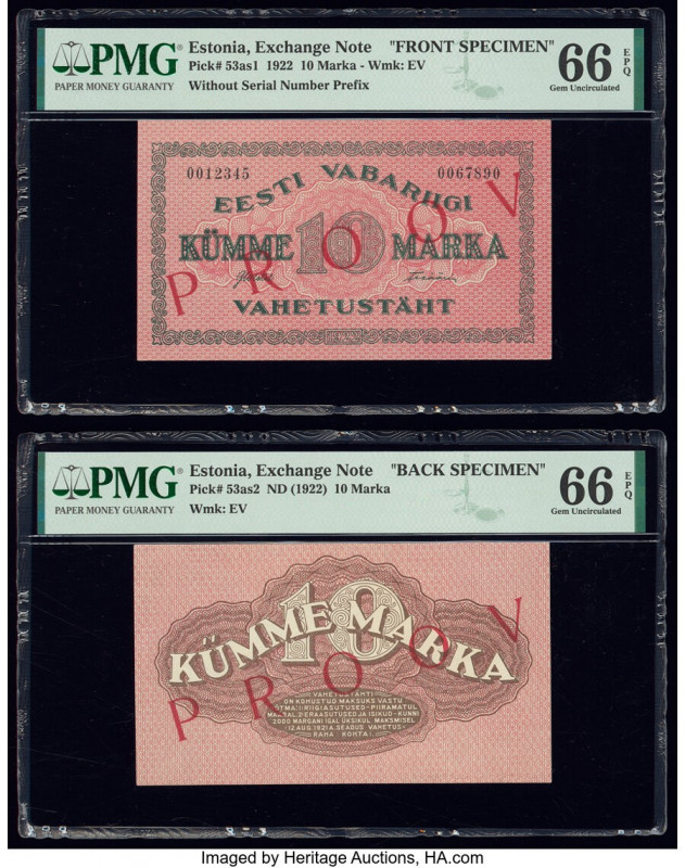 Estonia Exchange Note 10 Marka 1922 Pick 53as1; 53as2 Front and Back Specimen PM...