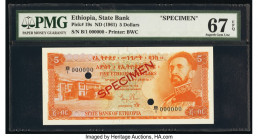 Ethiopia State Bank of Ethiopia 5 Dollars ND (1961) Pick 19s Specimen PMG Superb Gem Unc 67 EPQ. Red Specimen overprints and two POCs are visible on t...