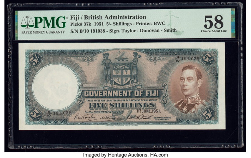 Fiji Government of Fiji 5 Shillings 1.6.1951 Pick 37k PMG Choice About Unc 58. 
...
