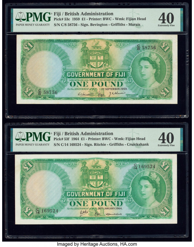 Fiji Government of Fiji 1 Pound 1.9.1959; 20.1.1964 Pick 53c; 53f Two Examples P...