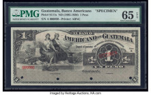 Guatemala Banco Americano de Guatemala 1 Peso ND (1895-1920) Pick S111s Specimen PMG Gem Uncirculated 65 EPQ. Red Specimen overprints and four POCs ar...