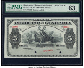 Guatemala Banco Americano de Guatemala 5 Pesos ND (1897-1920) Pick S112s Specimen PMG Choice Uncirculated 63. Red Specimen overprints and two POCs are...