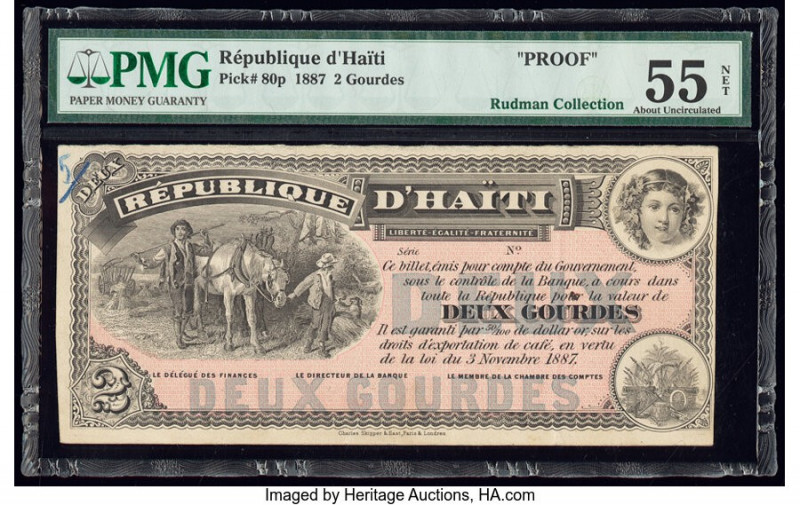 Haiti Treasury 2 Gourdes 3.11.1887 Pick 80p Proof PMG About Uncirculated 55 Net....