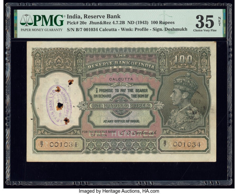 India Reserve Bank of India 100 Rupees ND (1943) Pick 20e Jhun4.7.2B PMG Choice ...