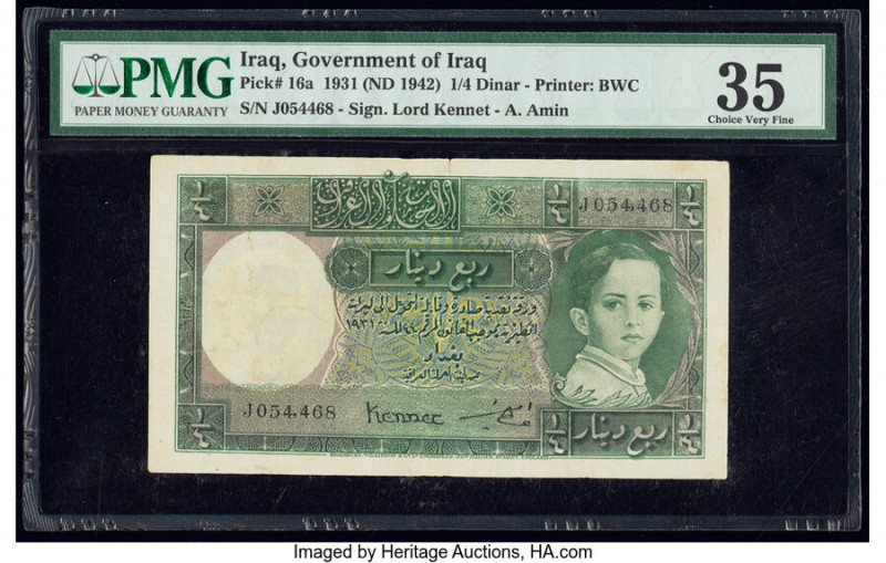 Iraq Government of Iraq 1/4 Dinar 1931 (ND 1942) Pick 16a PMG Choice Very Fine 3...
