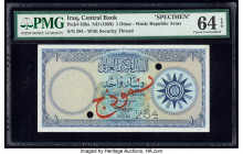Iraq Central Bank of Iraq 1 Dinar ND (1959) Pick 53bs Specimen PMG Choice Uncirculated 64 EPQ. Red Specimen overprints, two POCs and a roulette punch ...