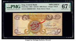 Iraq Central Bank of Iraq 1000 Dinars 2003 / AH1424 Pick 93as Specimen PMG Superb Gem Unc 67 EPQ. Red Specimen overprints are visible on this example....