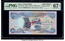 Iraq Central Bank of Iraq 5000 Dinars 2003-10 / AH1424-31 Pick 94as Specimen PMG Superb Gem Unc 67 EPQ. Red overprints are visible on this example.

H...