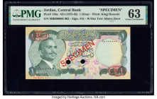 Jordan Central Bank of Jordan 1 Dinar ND (1975-92) Pick 18bs Specimen PMG Choice Uncirculated 63. Red Specimen & TDLR overprints along wit two POCs ar...