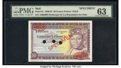 Mali Banque de la Republique du Mali 50 Francs 1960 (ND 1967) Pick 6s Specimen PMG Choice Uncirculated 63. Red Specimen & TDLR overprints along with t...