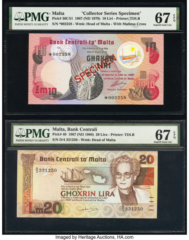 Malta Bank Centrali ta' Malta 20 Lira; 10 Liri 1967 (ND 1986); 1967 (ND 1979) Pi...