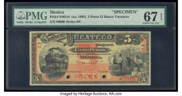 Mexico Banco Yucateco 5 Pesos ND (ca. 1903) Pick S467s4 M564s Specimen PMG Superb Gem Unc 67 EPQ. Red Specimen overprints and two POCs.

HID0980124201...
