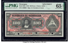 Nicaragua Billete del Tesoro Nacional 100 Pesos 1910 (ND 1911) Pick 49bs Specimen PMG Gem Uncirculated 65 EPQ. Cancelled with 3 punch holes. 

HID0980...