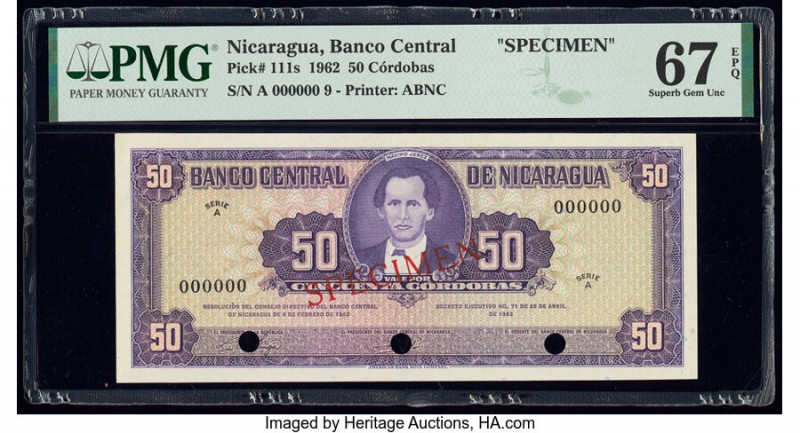 Nicaragua Banco Central 50 Cordobas 26.4.1962 Pick 111s Specimen PMG Superb Gem ...