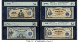 Philippines Bank of the Philippine Islands 10; 2; 1 (2) Pesos (1920-1949) Pick 14; 95a; 117c (2) Four Examples PMG About Uncirculated 55; Choice About...