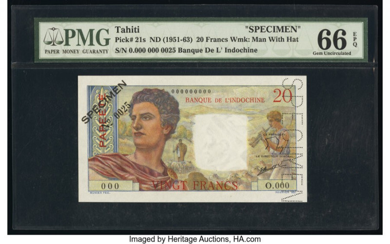Tahiti Banque de l'Indochine 20 Francs ND (1951-63) Pick 21s Specimen PMG Gem Un...