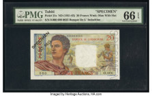 Tahiti Banque de l'Indochine 20 Francs ND (1951-63) Pick 21s Specimen PMG Gem Uncirculated 66 EPQ. Roulette Specimen punch is visible on this example....